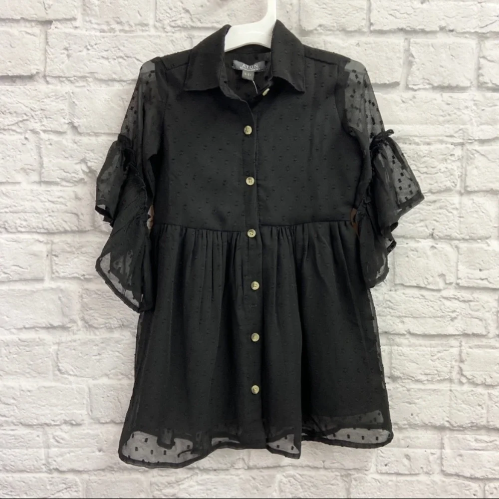 ATUN All Things Uber Nice Claudia Shirt Dress Size 4-5Y Bell Sleeve Black NWT
